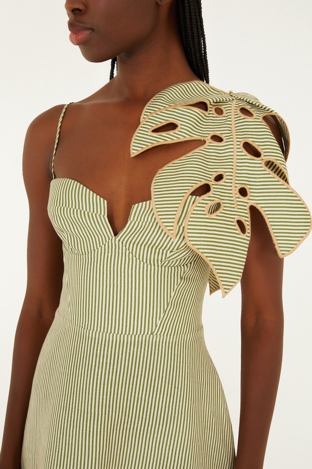 Green Striped 3d Monstera Leaf Euroflax™ Premium Linen Midi Dress