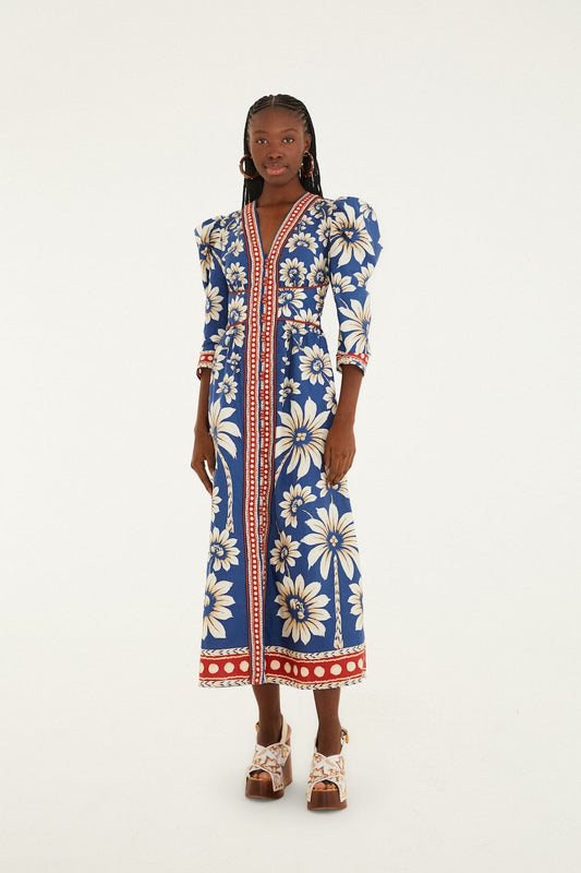 FARM Rio model wearing the Blue Luna Puff Sleeve  Maxi Dress