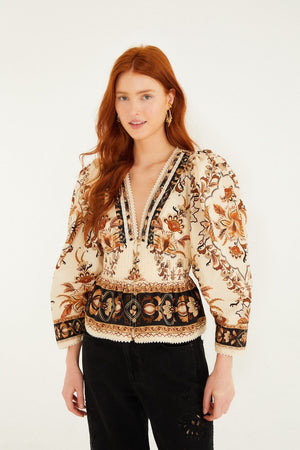 Sand Majestic Garden Lace Puff Sleeve Organic Cotton Blouse