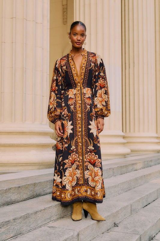 FARM Rio model wearing the Black Majestic Garden Buttoned Puff Sleeve Maxi Dress