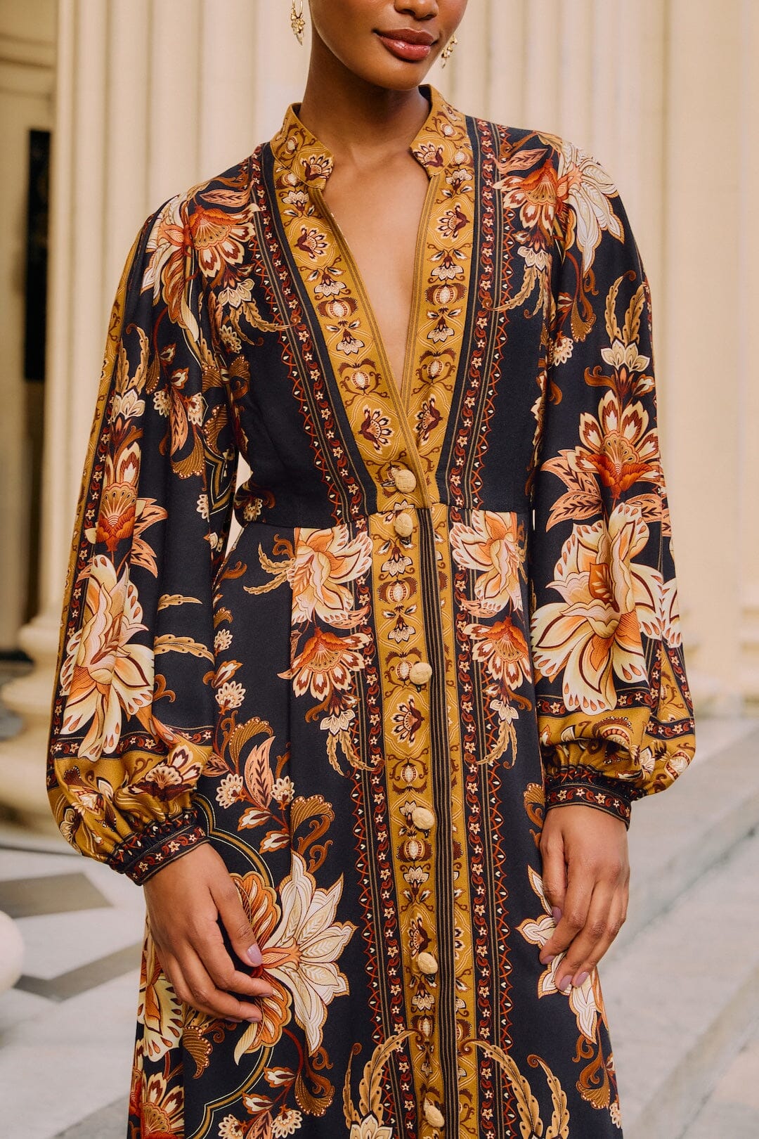 Black Majestic Garden Buttoned Puff Sleeve Maxi Dress