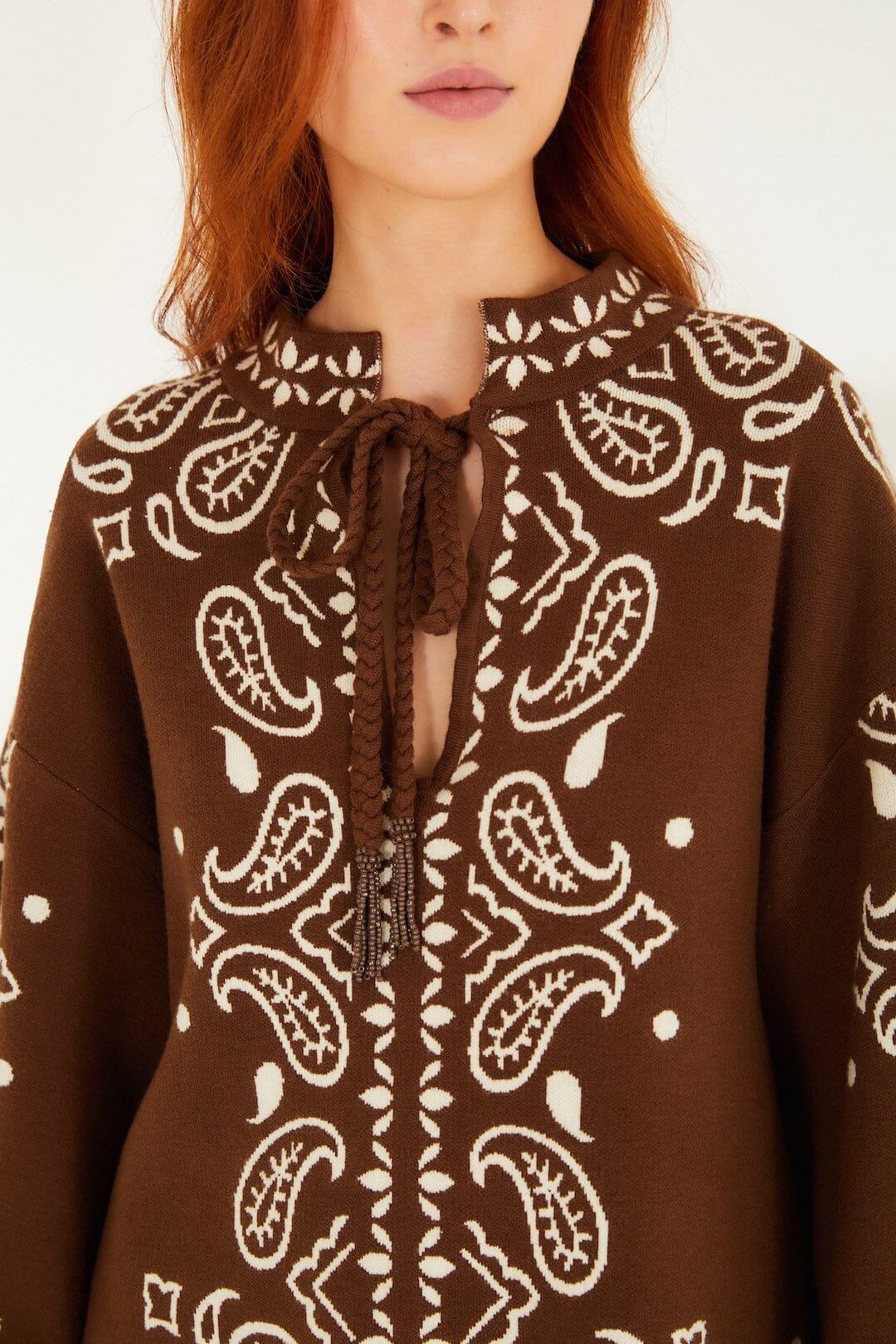 Brown Bohemian Paisley Beaded Rope Knit Sweater
