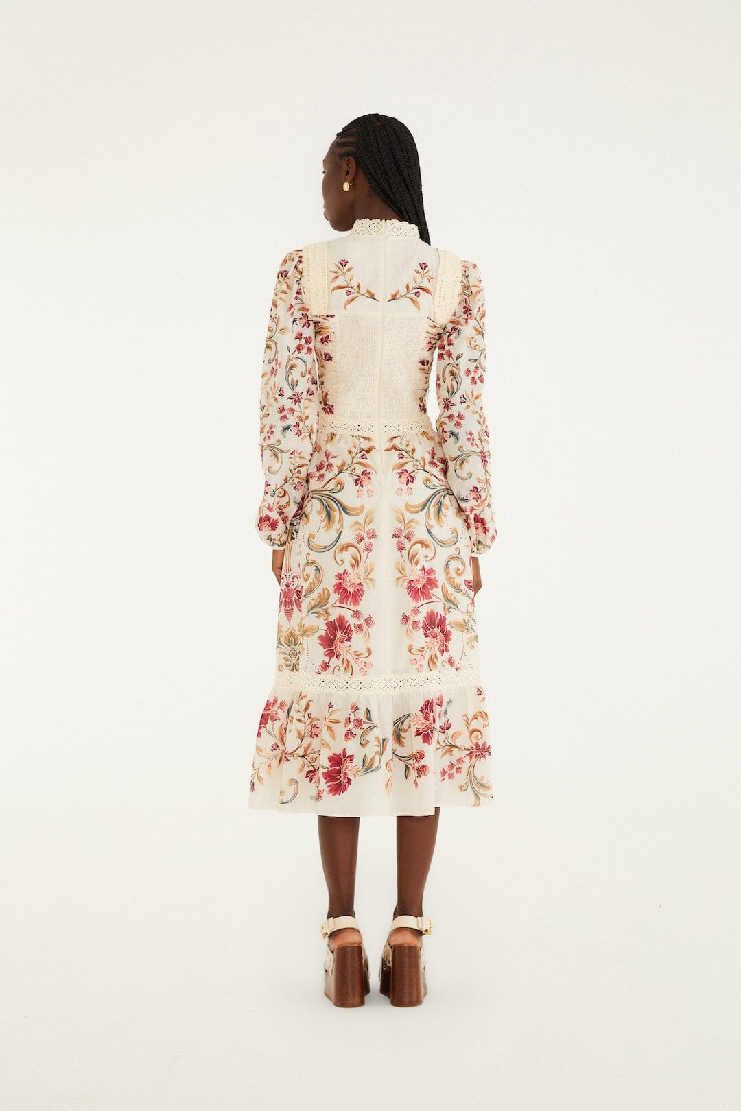 Royal Garden Cream Long Sleeve Crochet Midi Dress