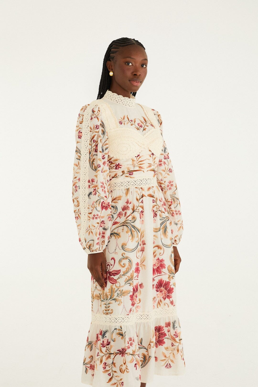 Royal Garden Cream Long Sleeve Crochet Midi Dress