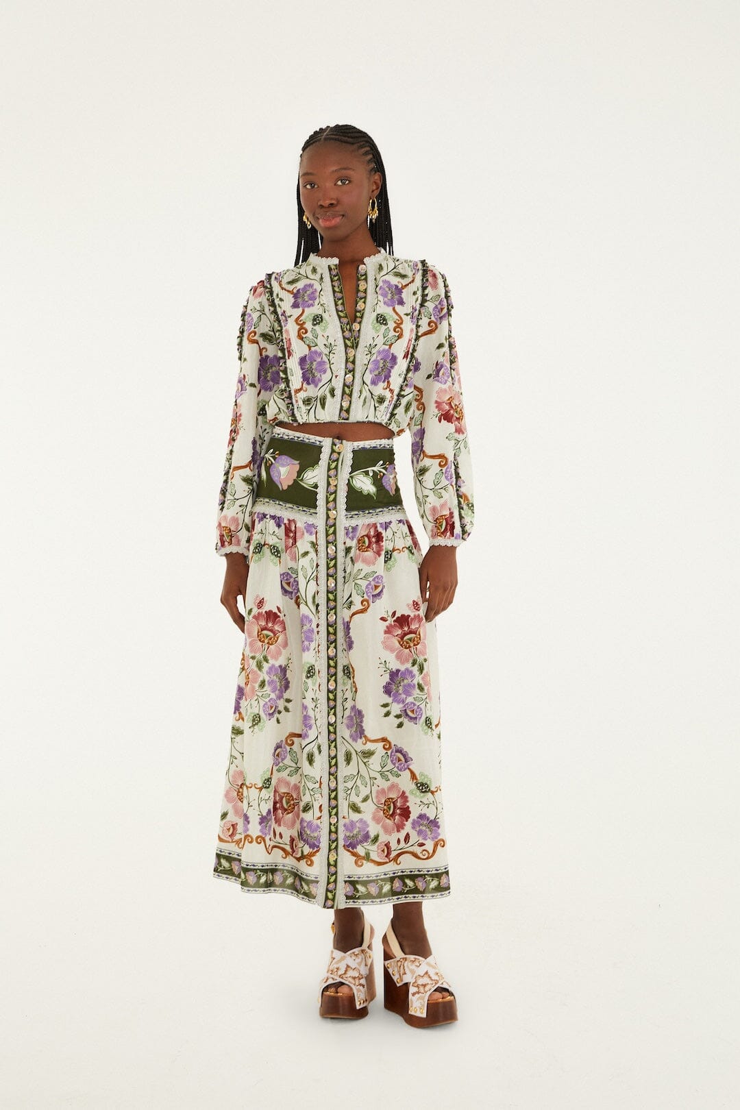 Cream Rococo Flowers Lace Buttoned Midi Skirt