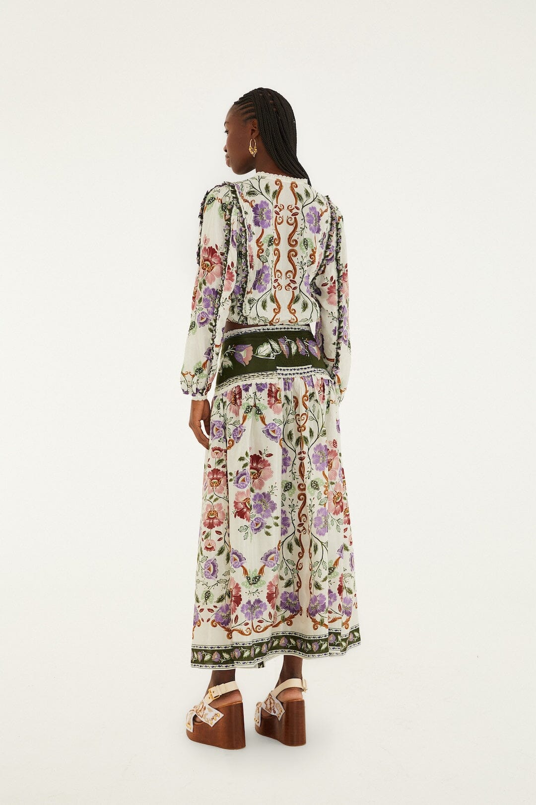 Cream Rococo Flowers Lace Buttoned Midi Skirt