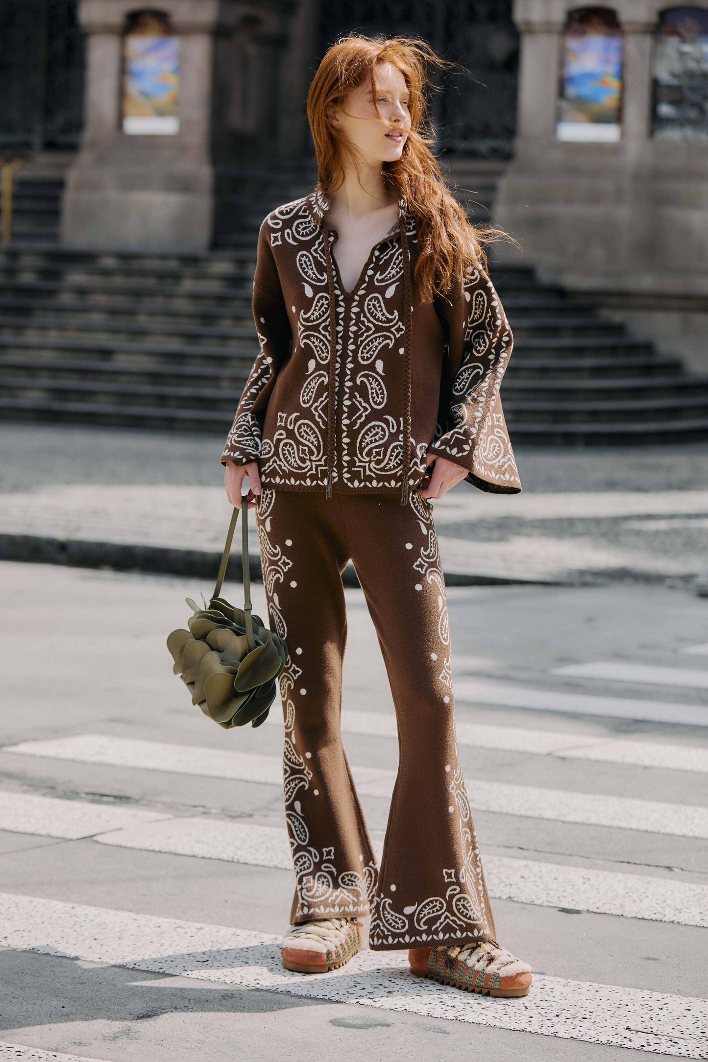Brown Bohemian Paisley Flare Knit Pants