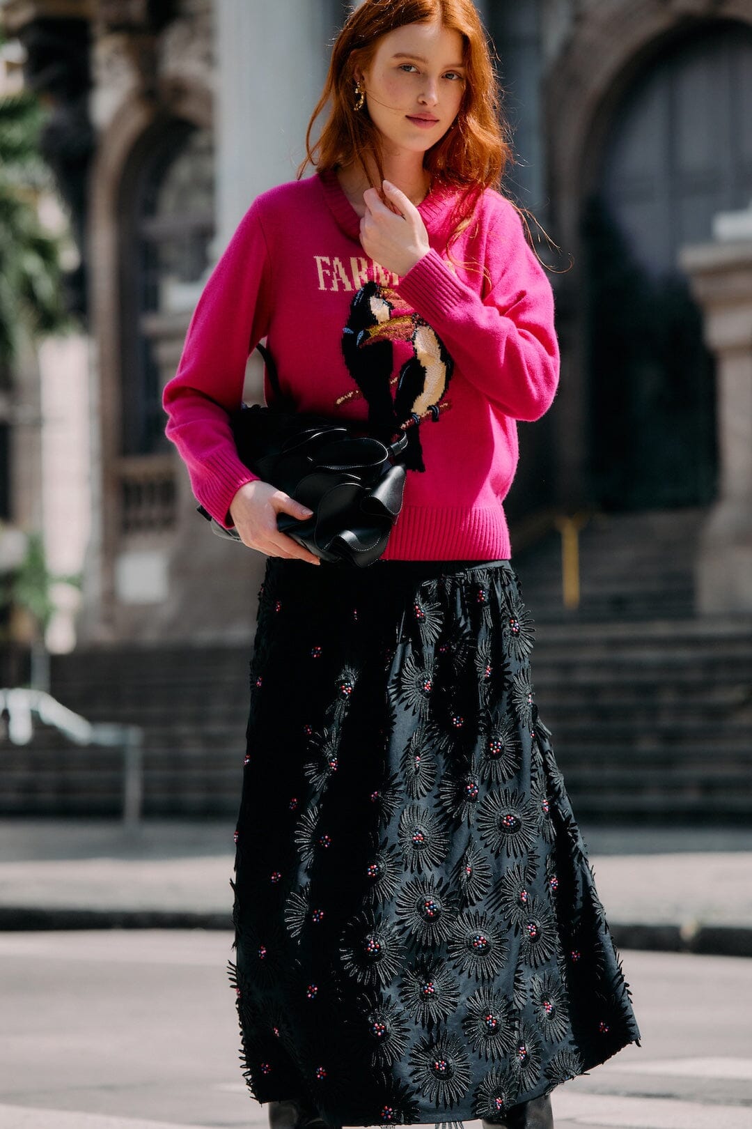 Black 3d Flowers Embroidered Midi Skirt