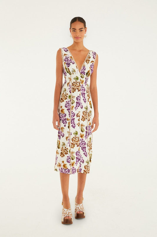 FARM Rio model wearing the Cream Grape Garden Midi Dress