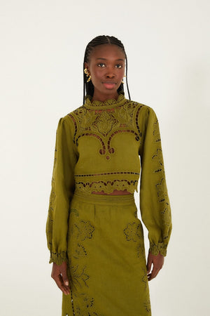Green Majestic Garden Euroflax Premium Linen Richelieu Blouse