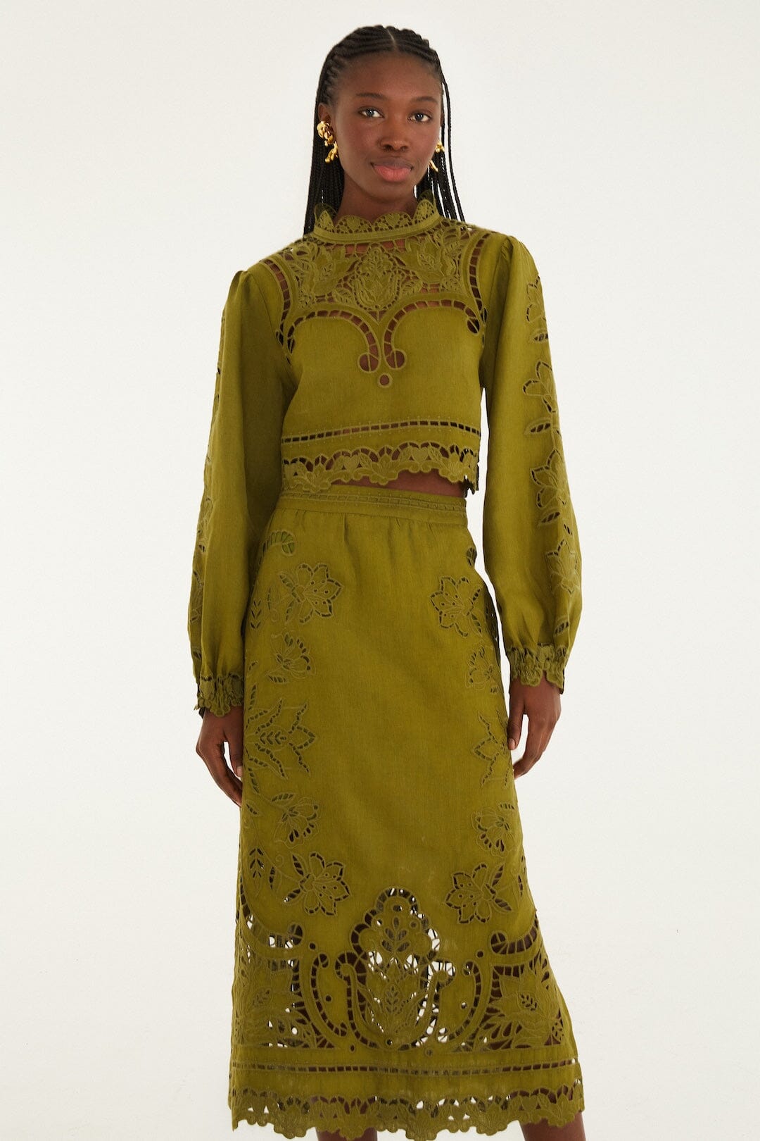 Green Majestic Garden Euroflax Premium Linen Richelieu Midi Skirt
