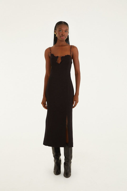 FARM Rio model wearing the Black Beaded Neckline Sleeveless Midi Dress