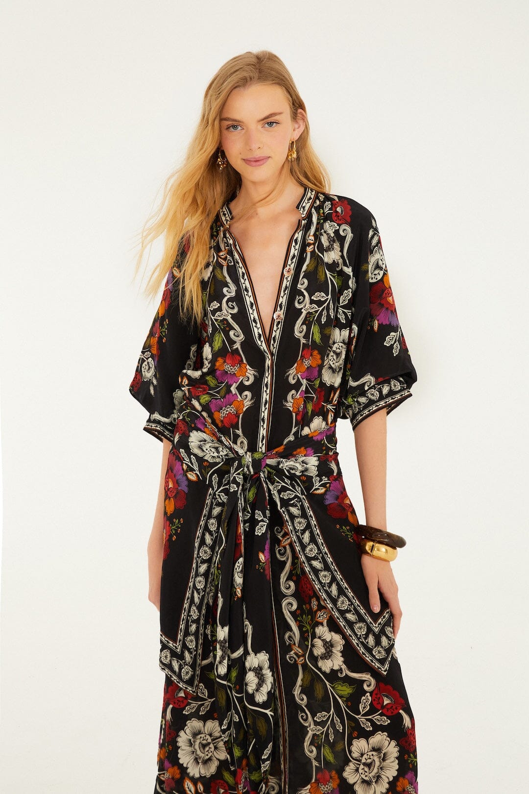 Black Rococo Flowers Belted Midi Dress