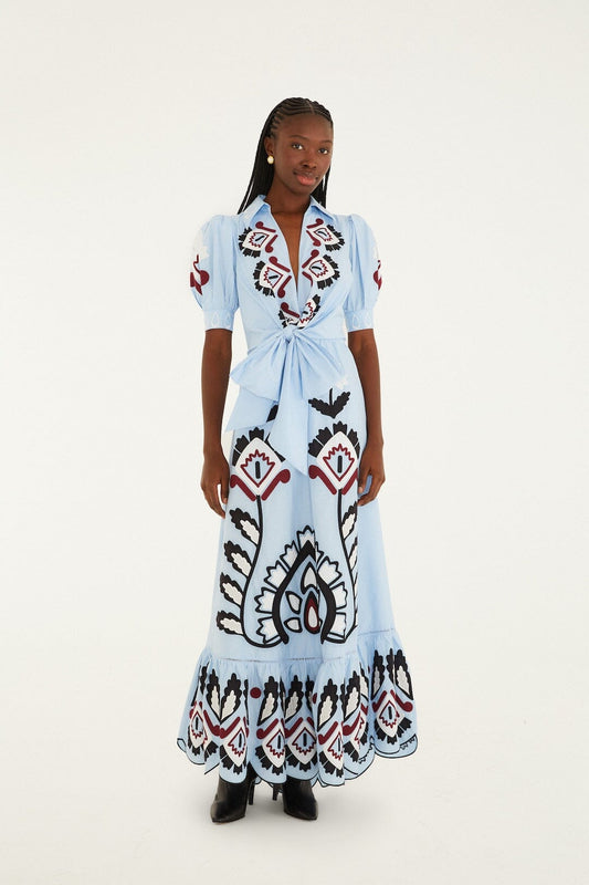 FARM Rio model wearing the Blue Artisanal Embroidered Lace Front Bow Maxi Dress