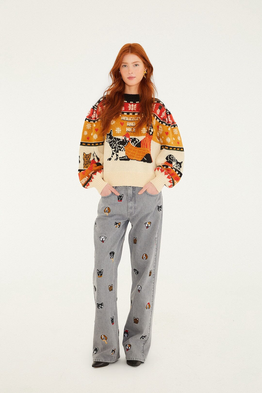 Multicolor Cats And Dogs Embroidery Denim Pants