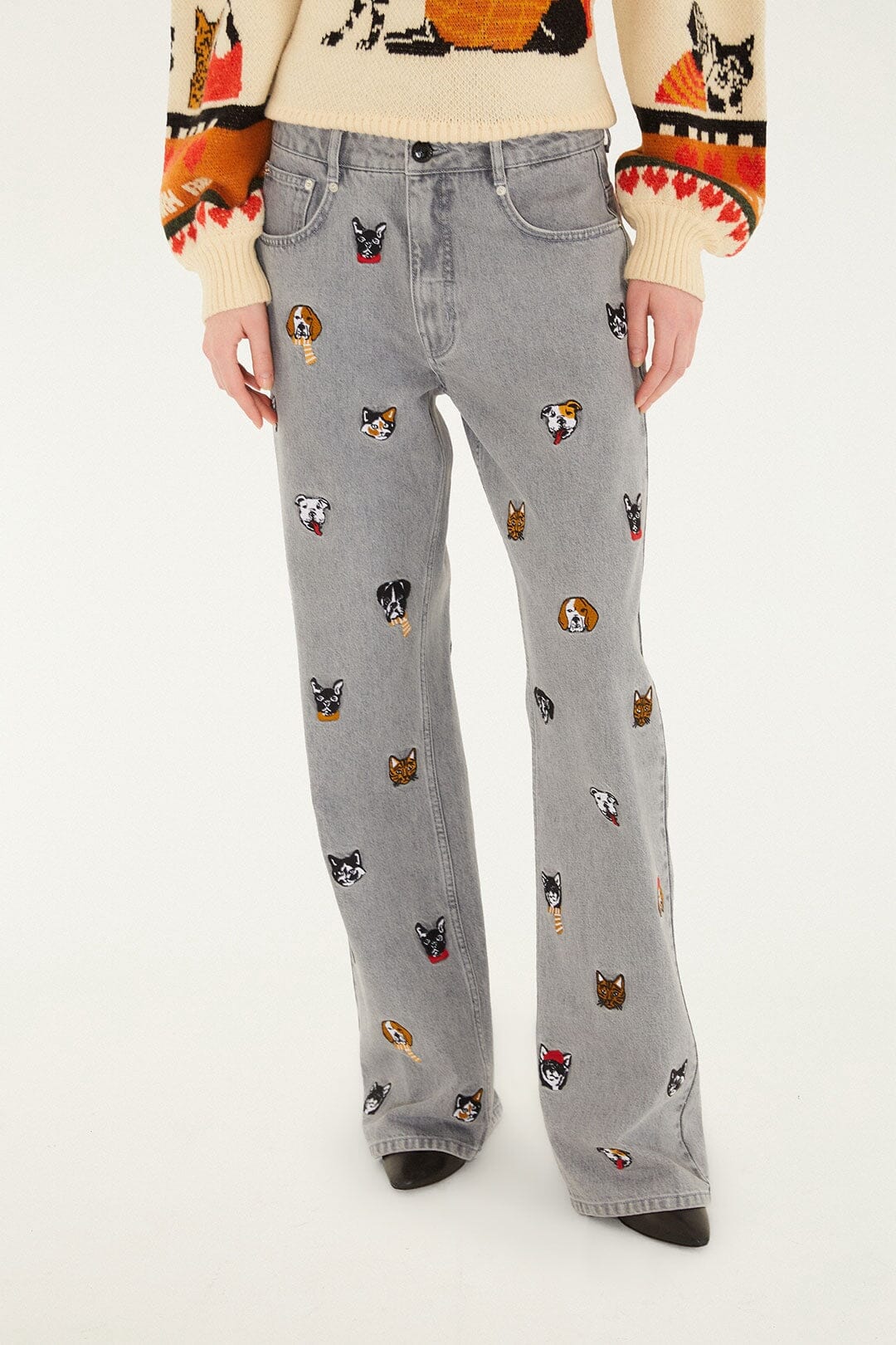 Multicolor Cats And Dogs Embroidery Denim Pants