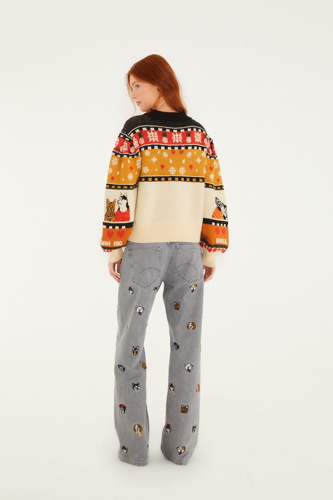 Multicolor Cats And Dogs Embroidery Denim Pants