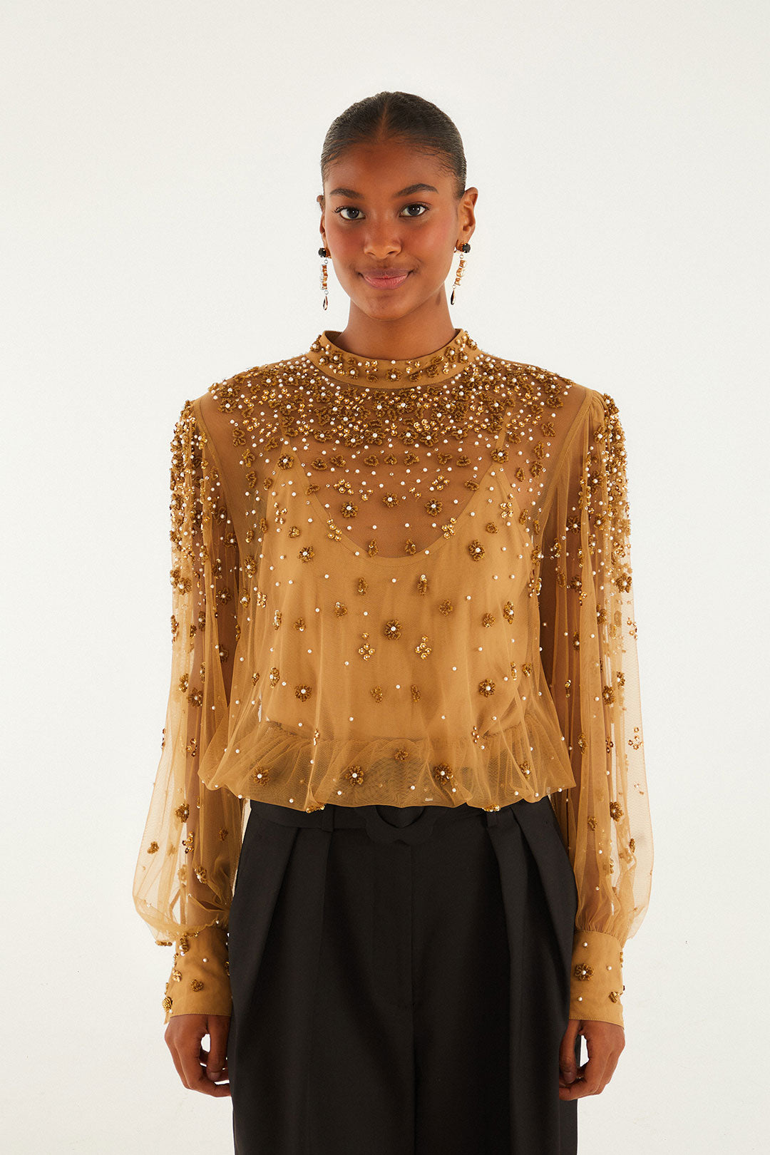 Embroidered Tulle Bubble Caramel Blouse