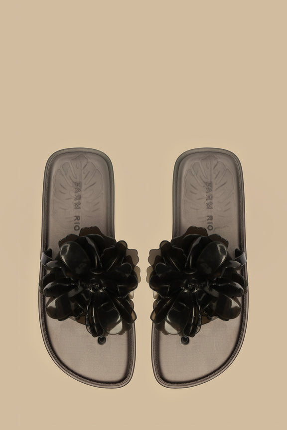 Black Flower Jelly Flat Sandal