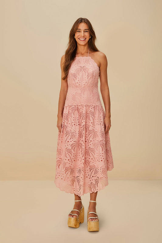 FARM Rio model wearing the Blush Pink Palm Tree Eyelet Midi Dress