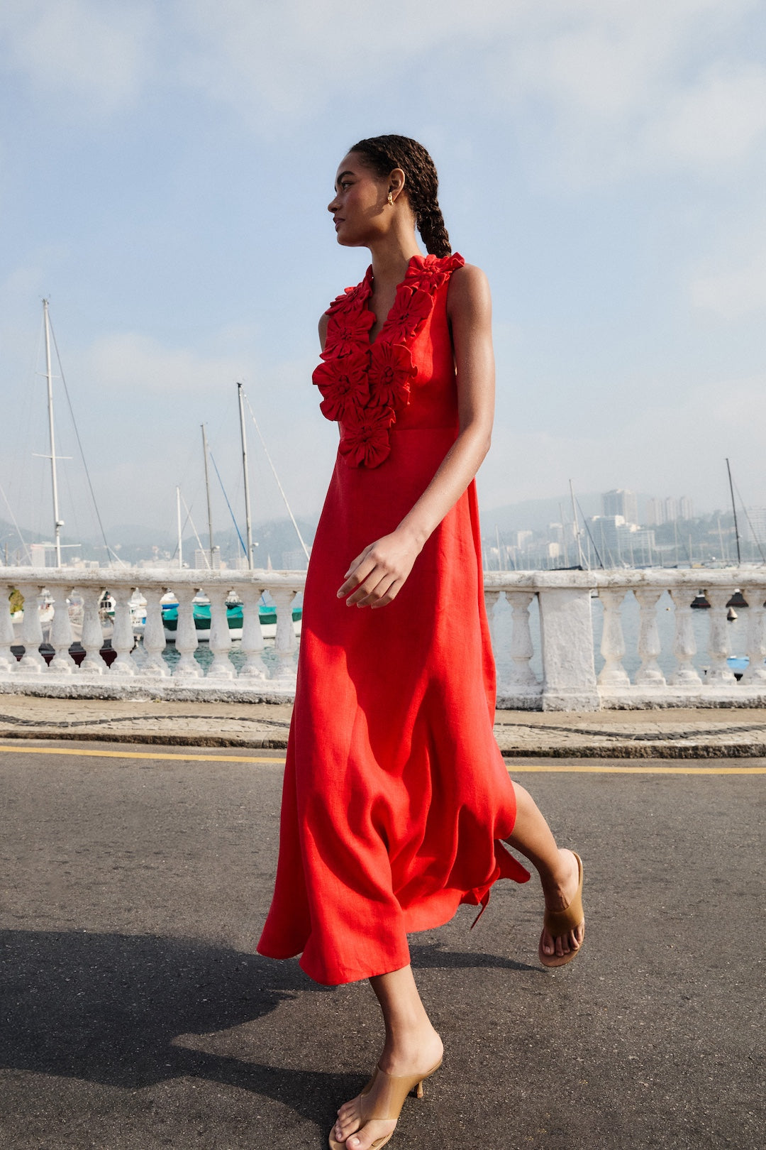 Red 3d Flower Euroflax Premium Linen Maxi Dress