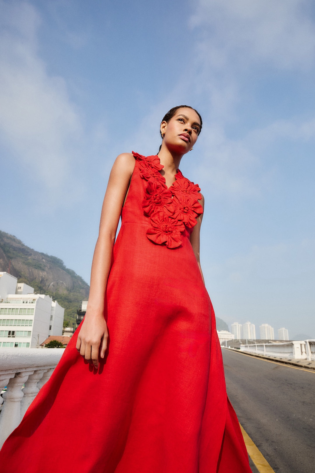 Red 3d Flower Euroflax Premium Linen Maxi Dress