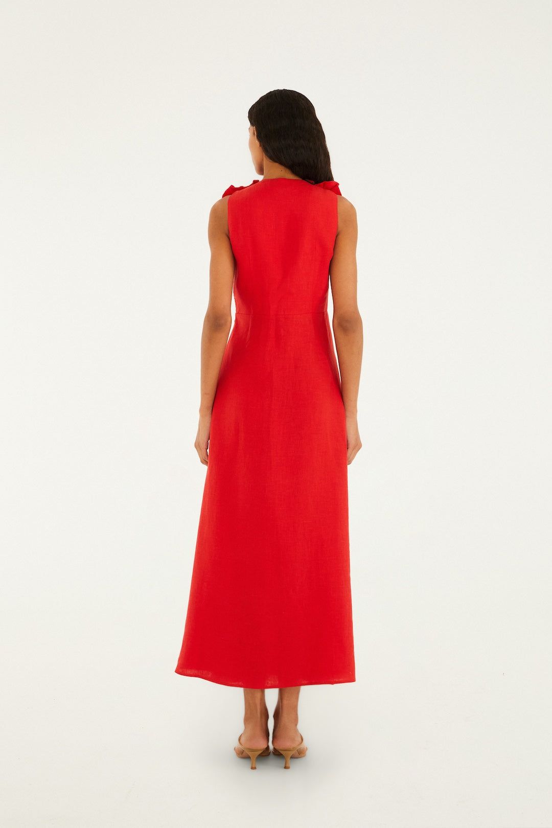 Red 3d Flower Euroflax Premium Linen Maxi Dress