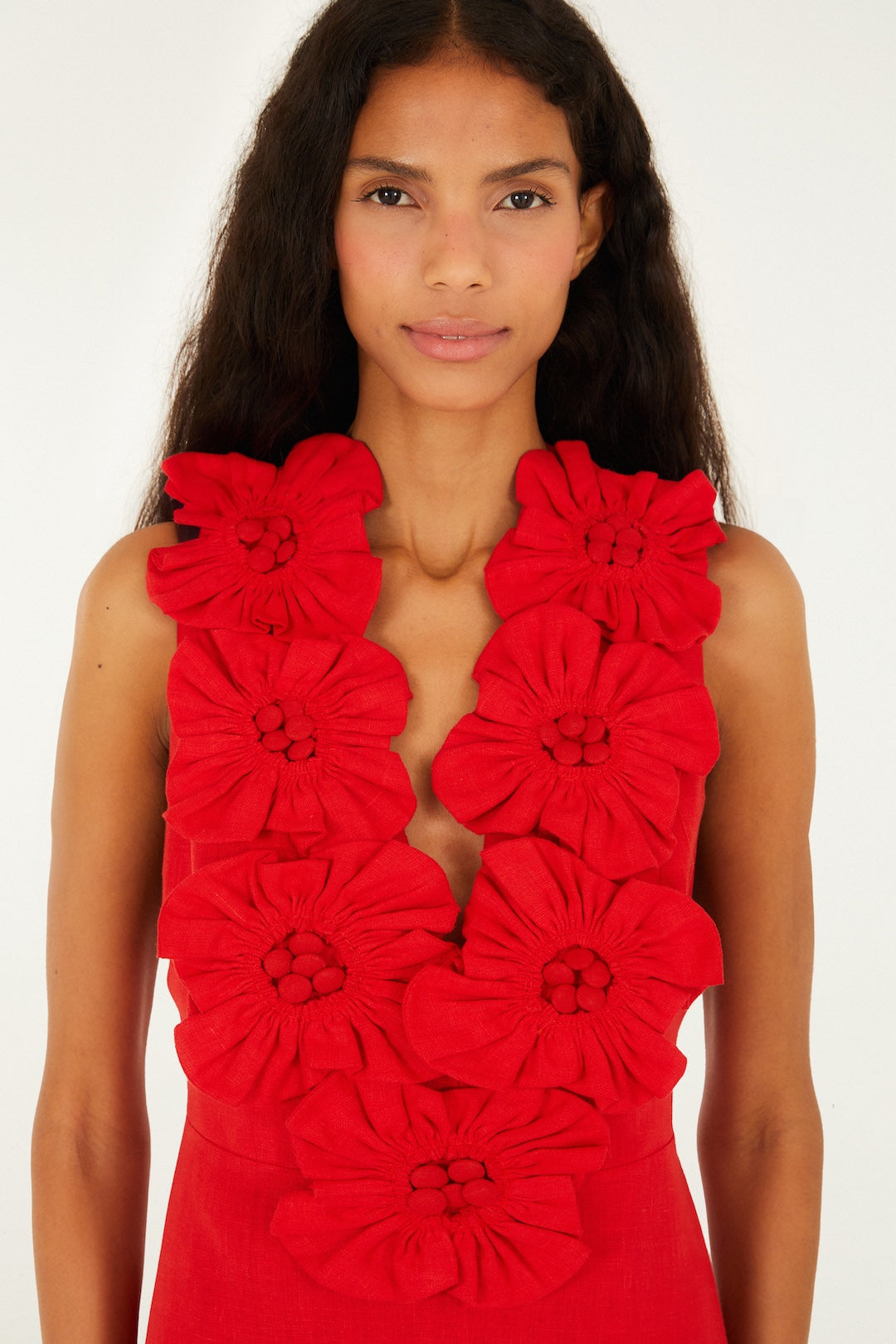 Red 3d Flower Euroflax Premium Linen Maxi Dress