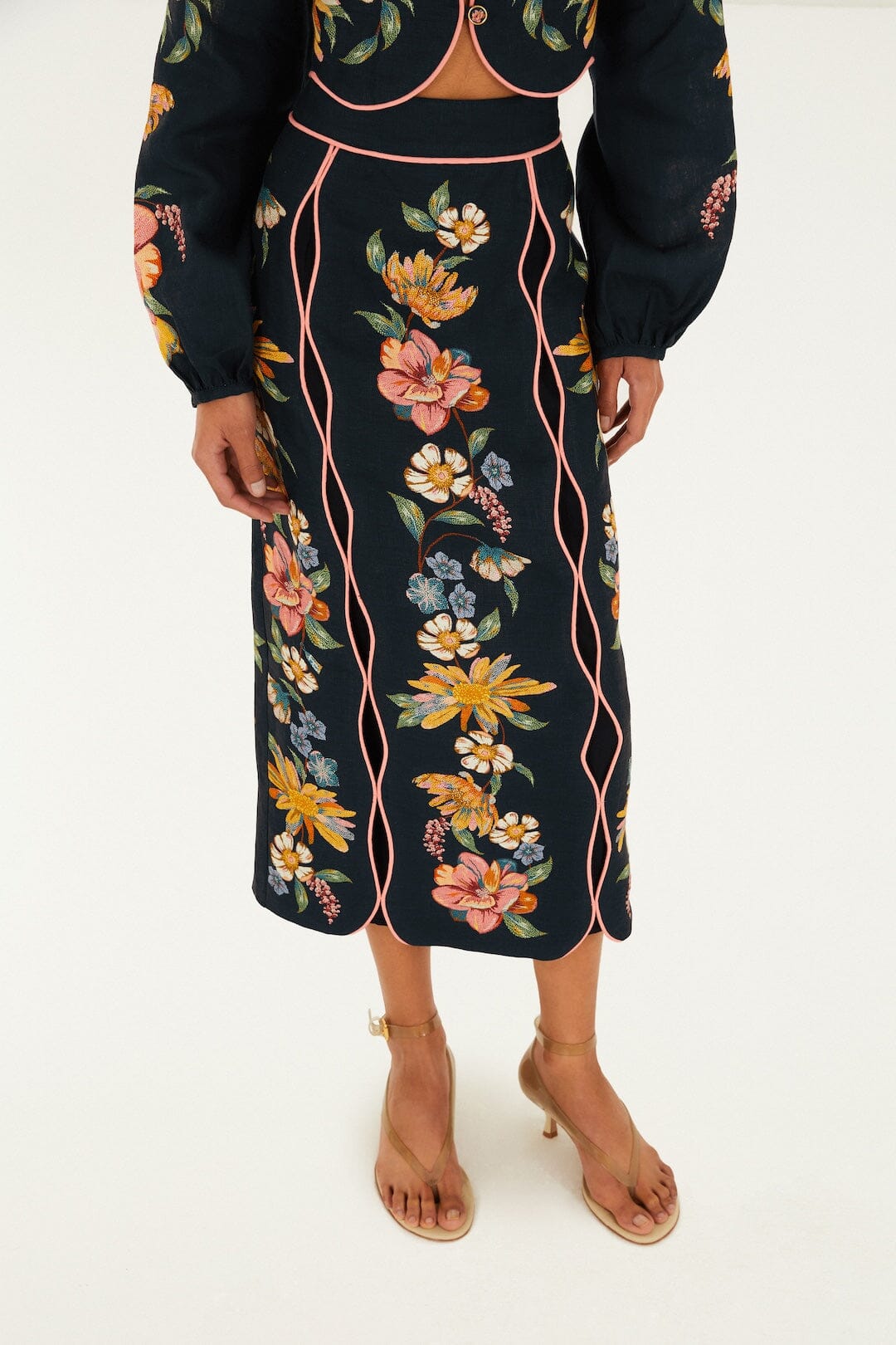 Dark Blue Maira Floral Euroflax™ Premium Linen Midi Skirt