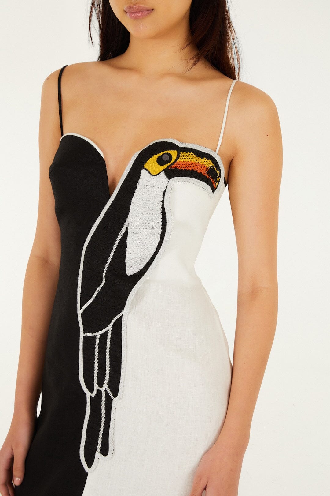 Black And White Embroidered Toucan Euroflax™ Premium Linen Sleeveless Maxi Dress