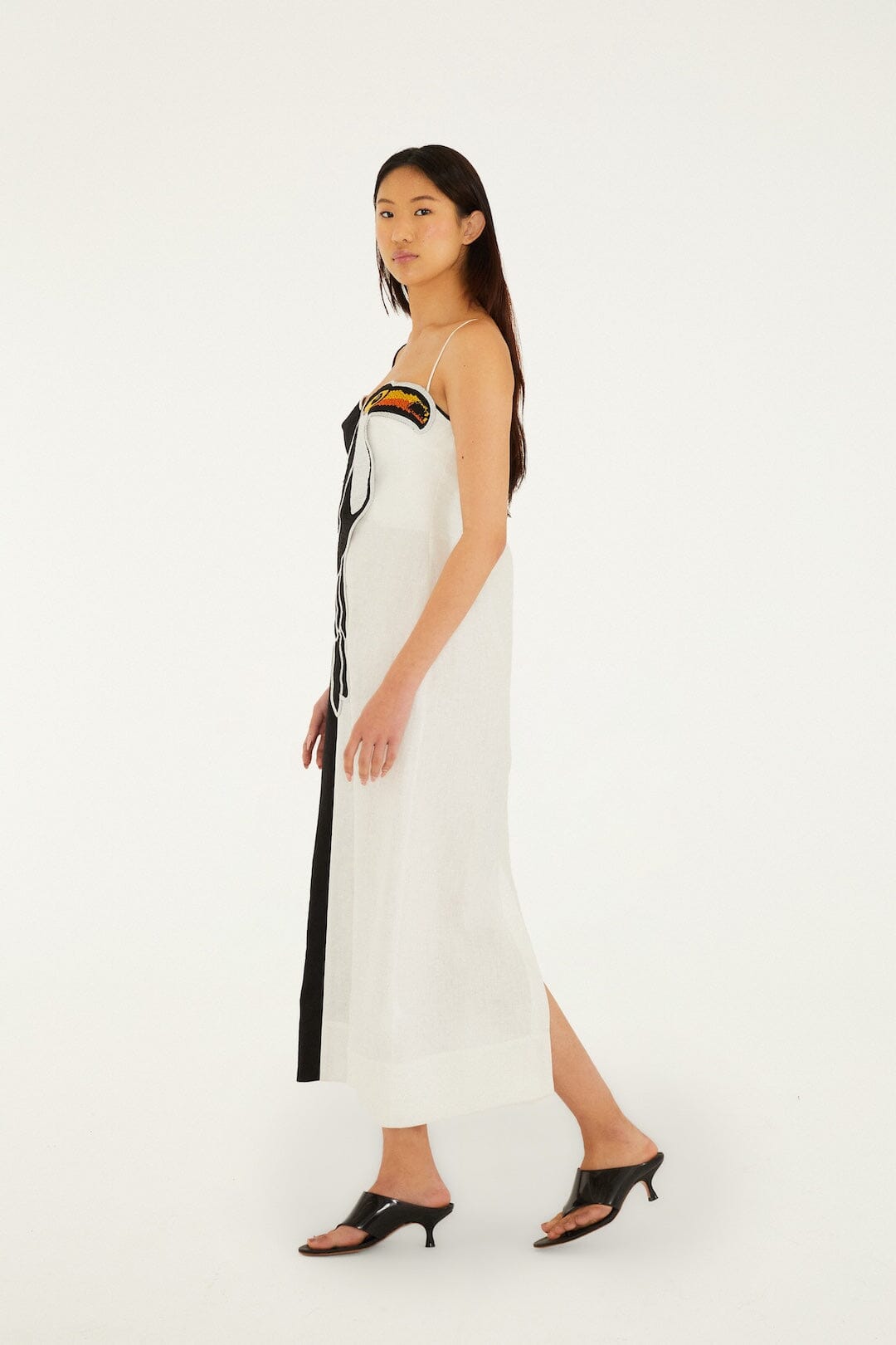 Black And White Embroidered Toucan Euroflax™ Premium Linen Sleeveless Maxi Dress