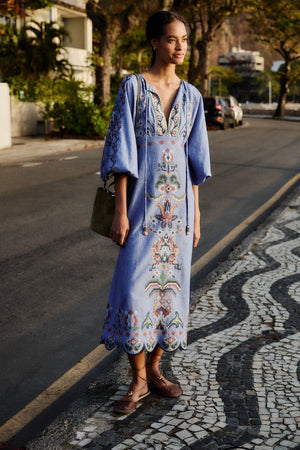 Blue Garden Tapestry Embroidered Long Sleeve Midi Dress