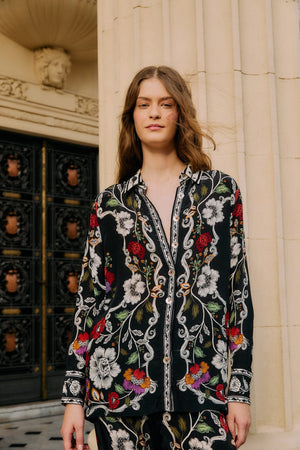 Black Rococo Flowers Collared Buttoned Shirt