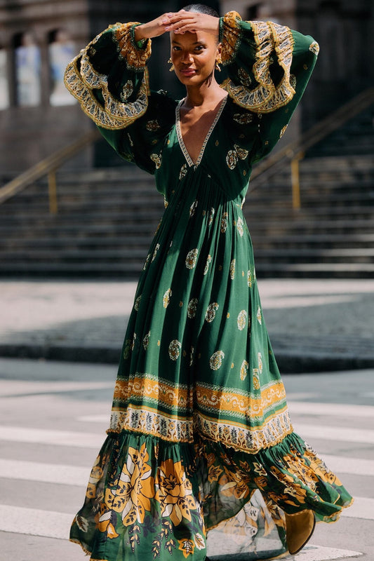 FARM Rio model wearing the Green Ayla Long Sleeve Ruffled Maxi Dress