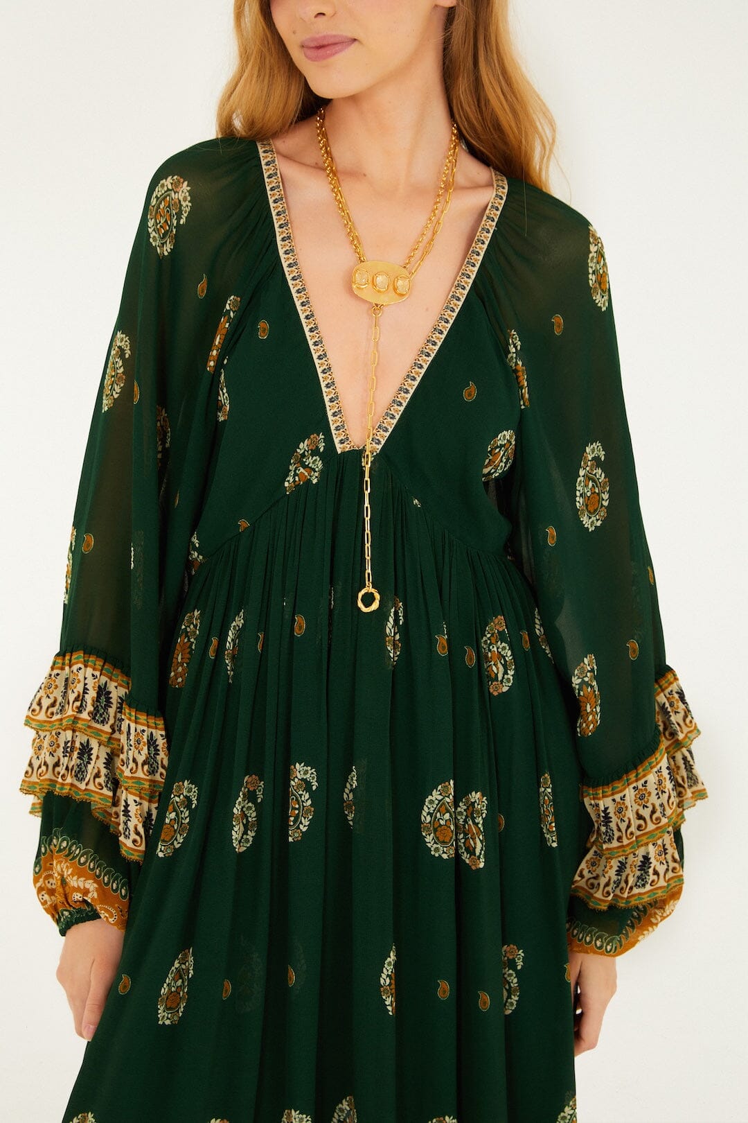 Green Ayla Long Sleeve Ruffled Maxi Dress