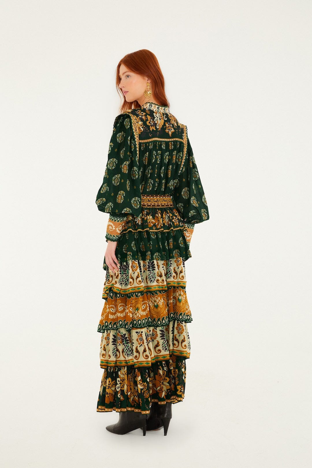 Green Ayla Mixed Scarves Layered Maxi Skirt