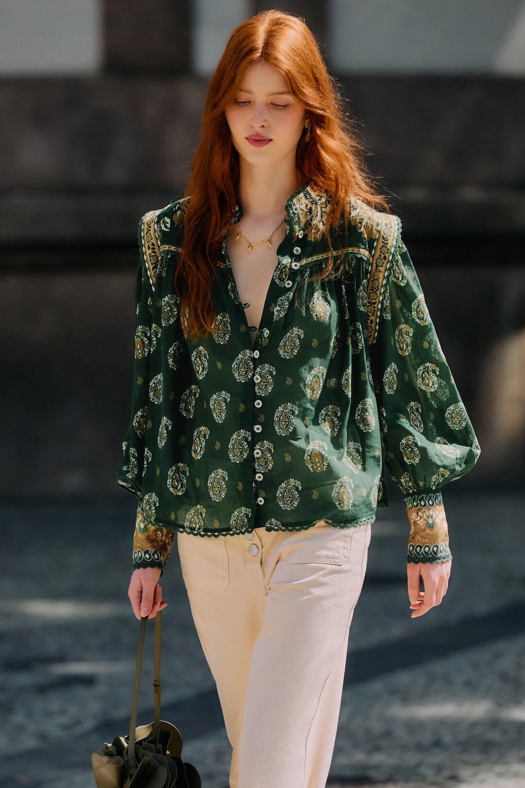 Green Tayla Lace Buttoned Puff Sleeve Blouse