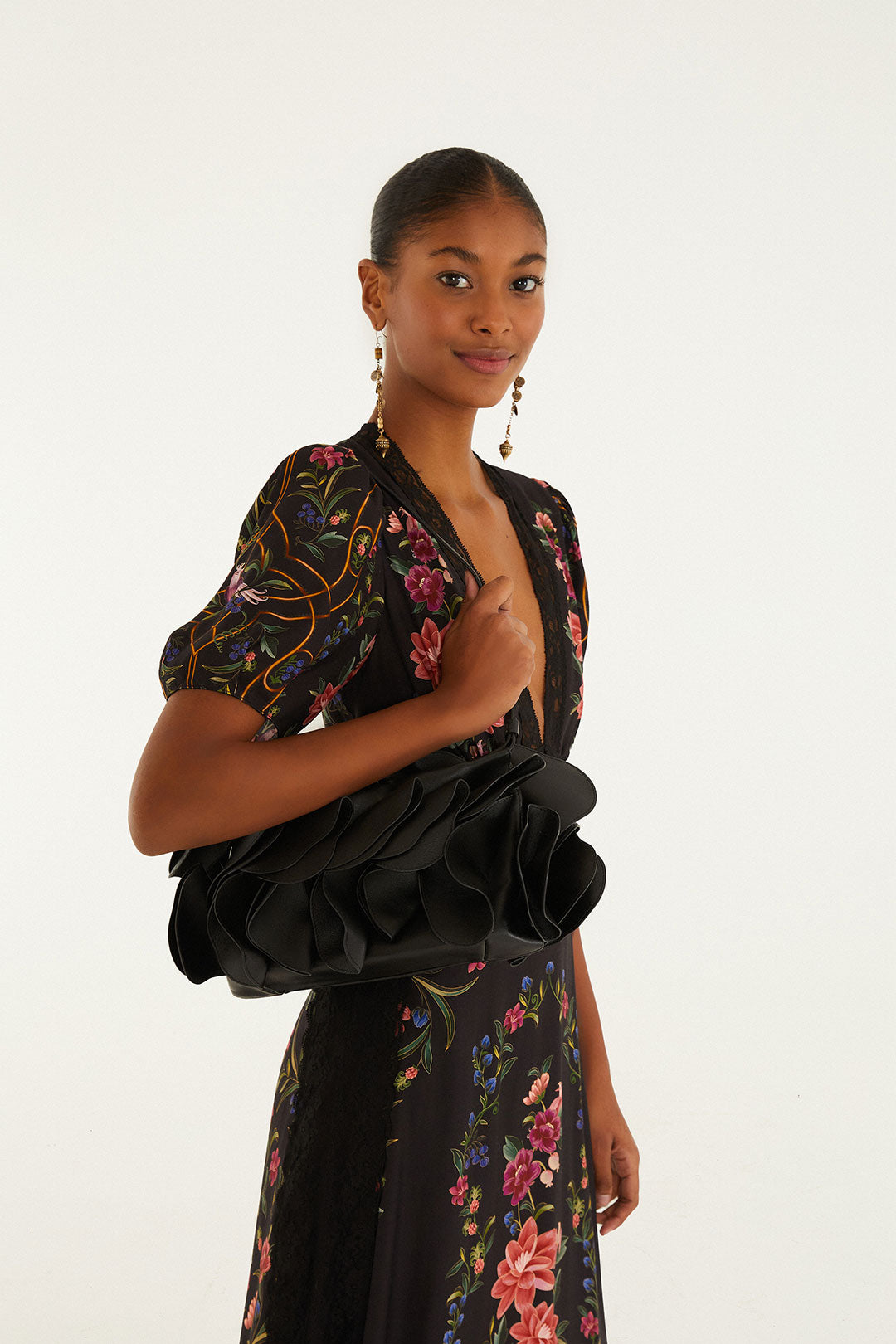 Black Leather Shoulder Flower Bag