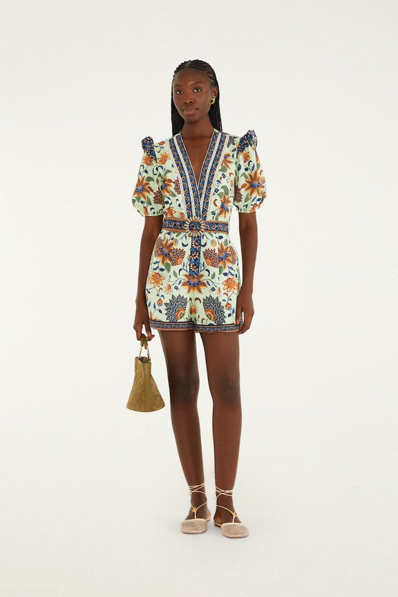 Light Green Floral Delhi Tapestry Belted Organic Cotton Romper