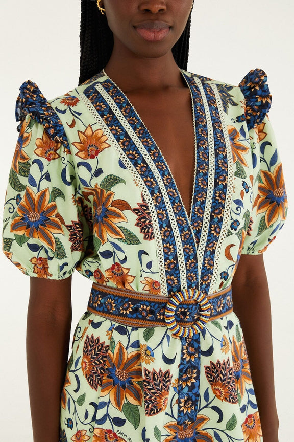 Light Green Floral Delhi Tapestry Belted Organic Cotton Romper