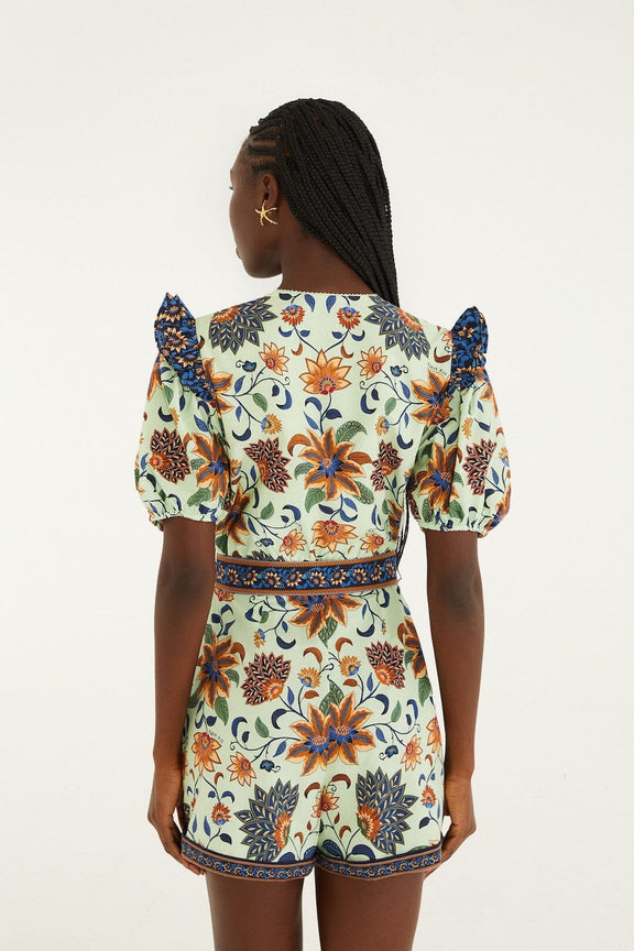 Light Green Floral Delhi Tapestry Belted Organic Cotton Romper