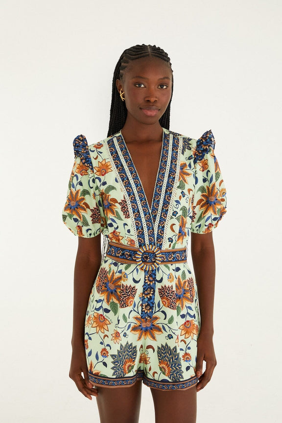 Light Green Floral Delhi Tapestry Belted Organic Cotton Romper