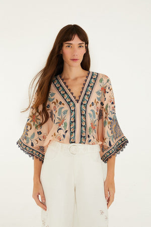Soft Pink Floral Delhi Tapestry Kimono Sleeve Bodysuit