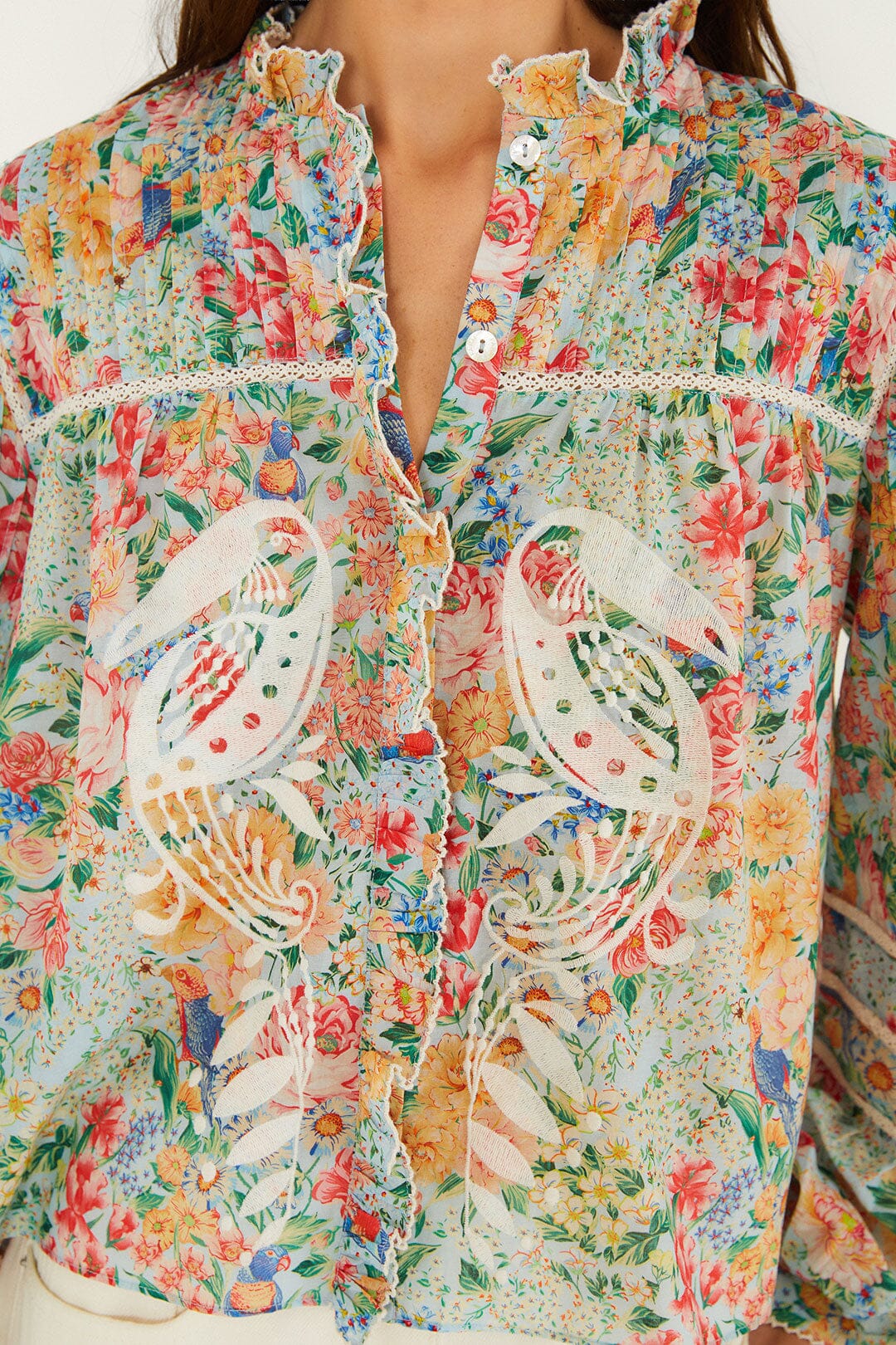 Multicolor Rendeira Cutwork Long Sleeve Blouse