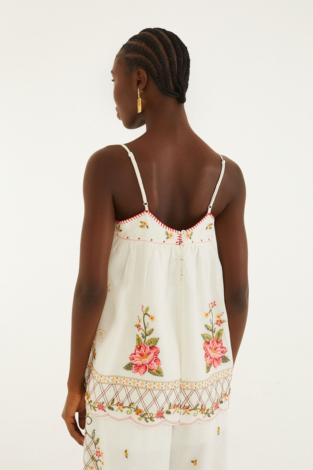 Off-White Flower Embroidery Open Back Sleeveless Blouse