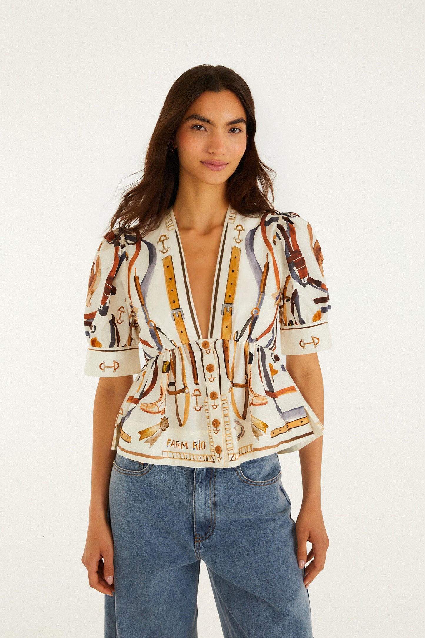 Equestrian Scarf Winter White Short Sleeve Blouse