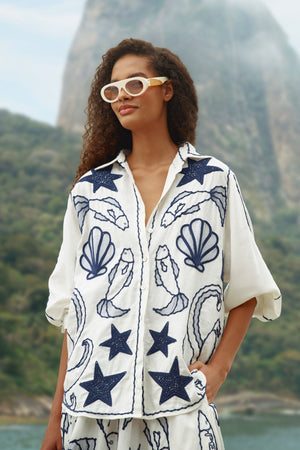 Off-White Fresh Fish Embroidered Puff Sleeve Shirt