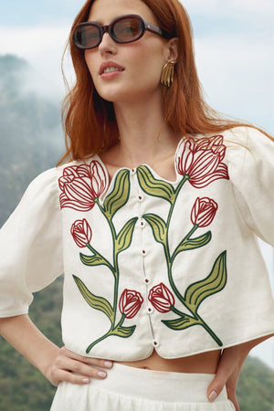 Off-White Flower Embroidered  Crop Top