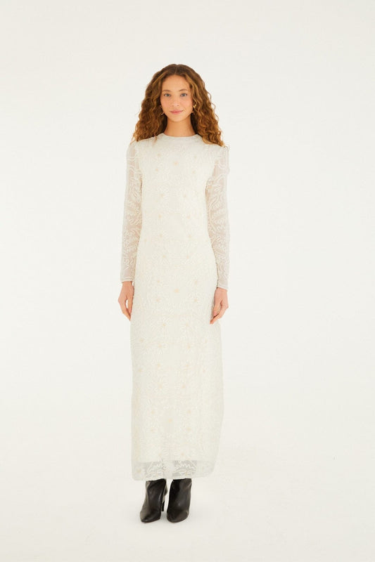 FARM Rio model wearing the Off-White Embroidered Crew Neck Long Sleeve Maxi Dress