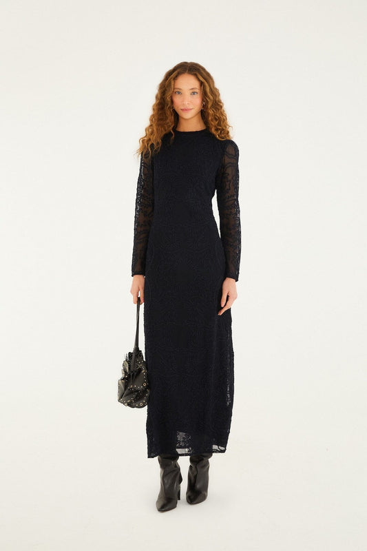 FARM Rio model wearing the Black Embroidered Sheer Sleeve Maxi Dress